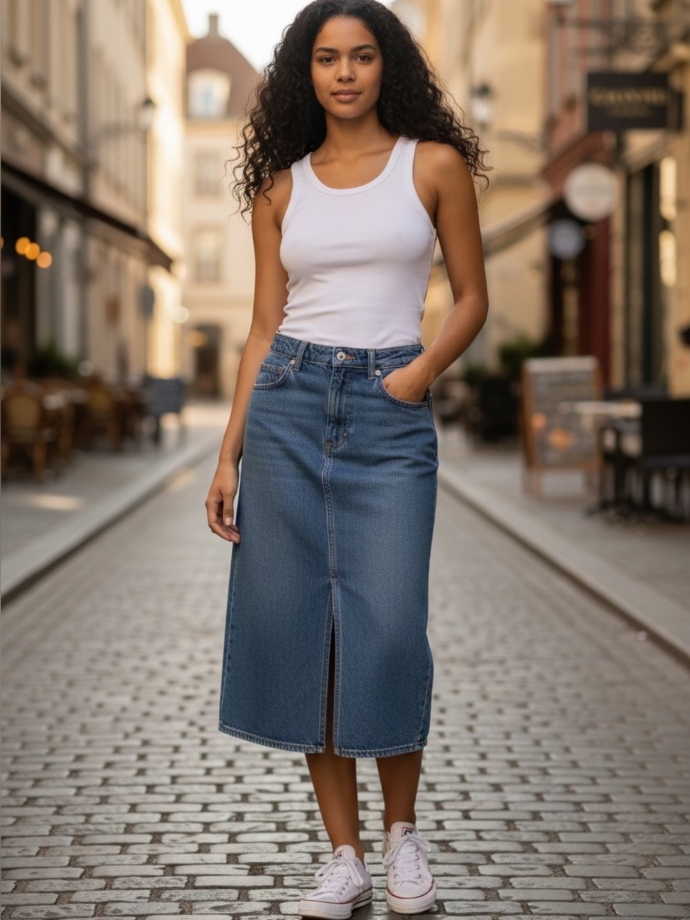 GAP Blue Denim Midi Skirt Front Slit High Waist Size 6/28 Y2K Streetwear Hip-Hop